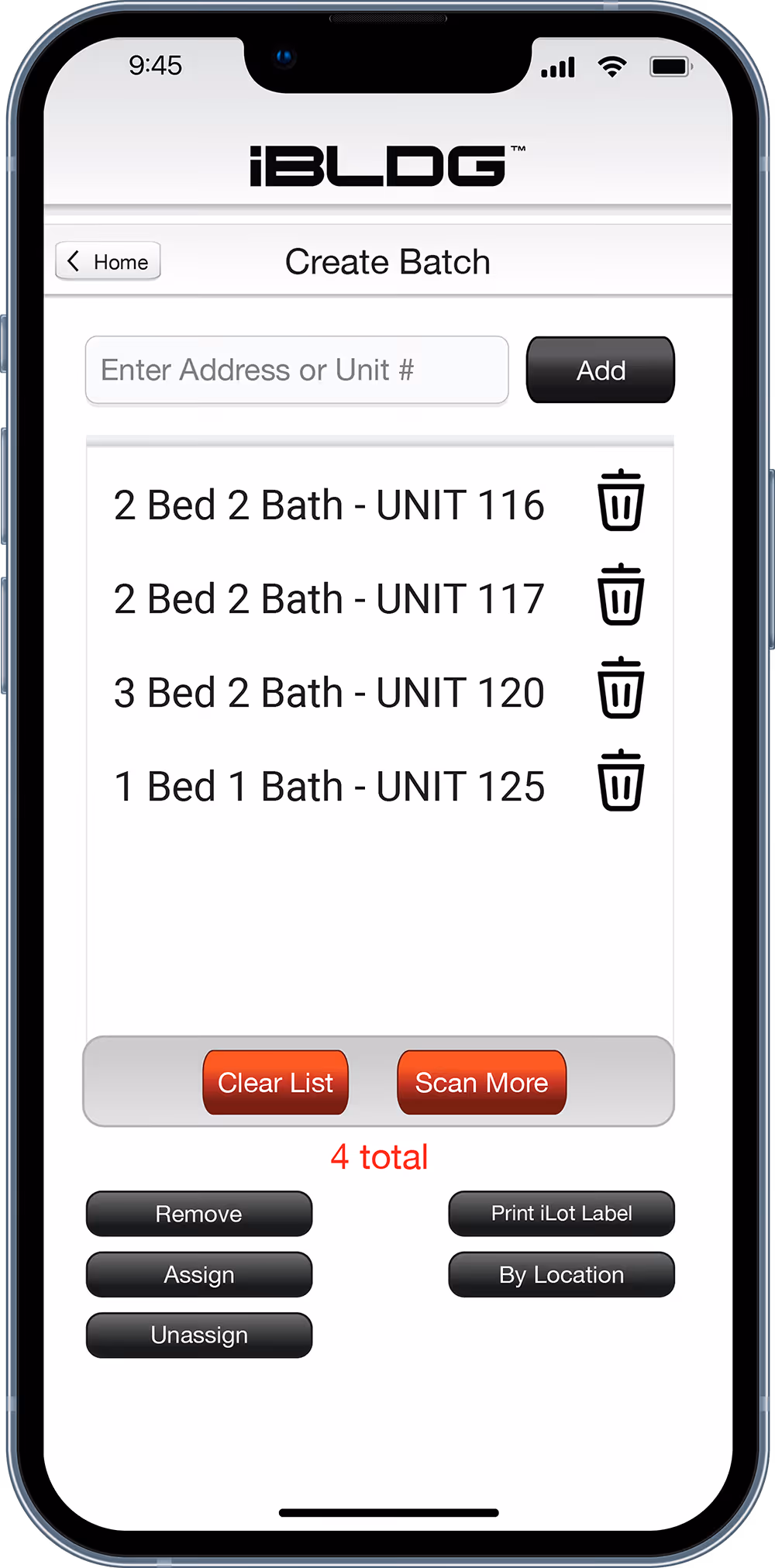 iBLDG app showing the Create Batch screen displaying a list of four units with bedroom and bathroom details, options to add, clear, scan more, remove, assign, unassign, print labels, and sort by location.