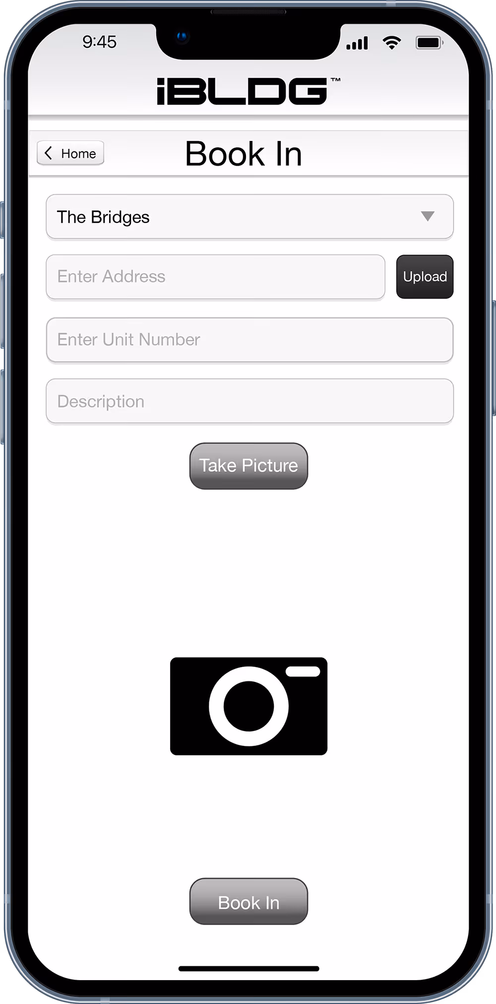 The iBLDG app, showing a screen titled 'Book In' with dropdown selection, address input, unit number field, description box, Take Picture button, camera icon, and Book In button.