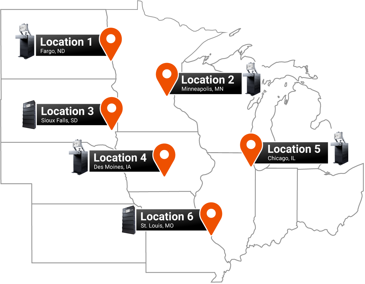 Map showing six locations marked with orange pins in Fargo ND, Minneapolis MN, Sioux Falls SD, Des Moines IA, Chicago IL, and St. Louis MO, each accompanied by an image of an iSafe Pro 6.0 unit.