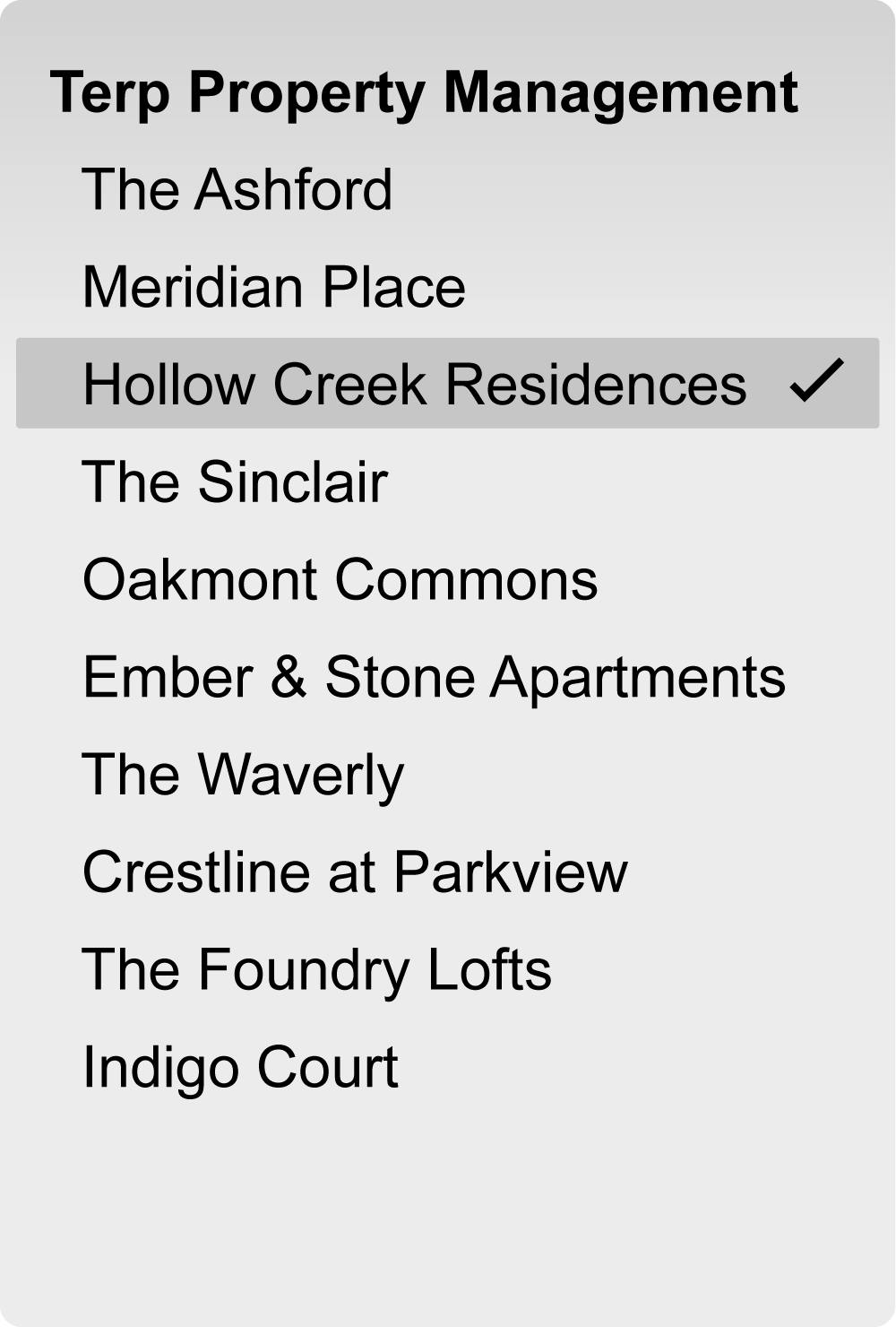 Dropdown list titled Terp Property Management showing multiple property names with Hollow Creek Residences selected.