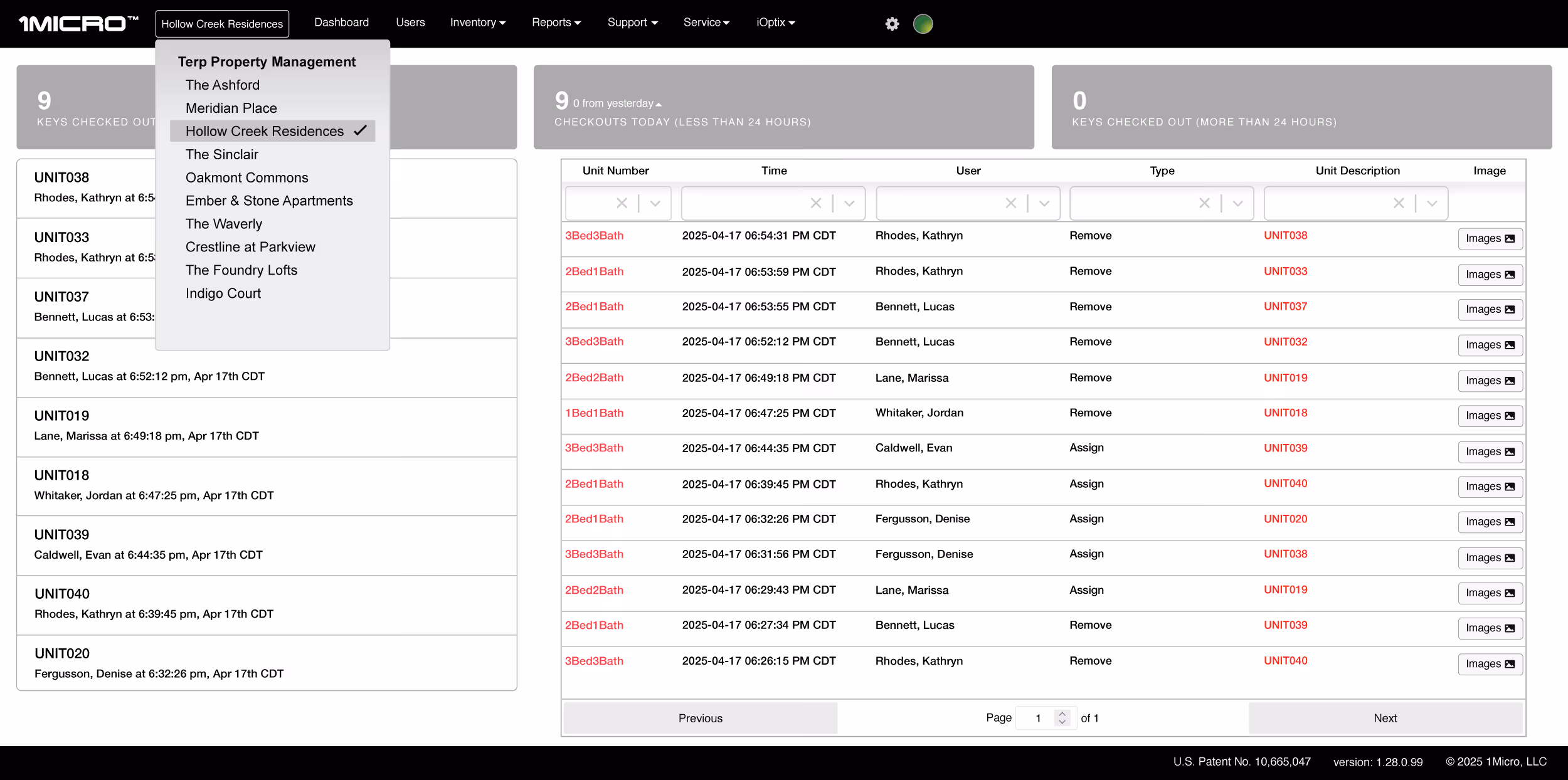 1Micro.net key management dashboard for Hollow Creek Residences displaying 9 keys checked out today with details including unit numbers, times, users, and key types, alongside a dropdown menu listing multiple properties.