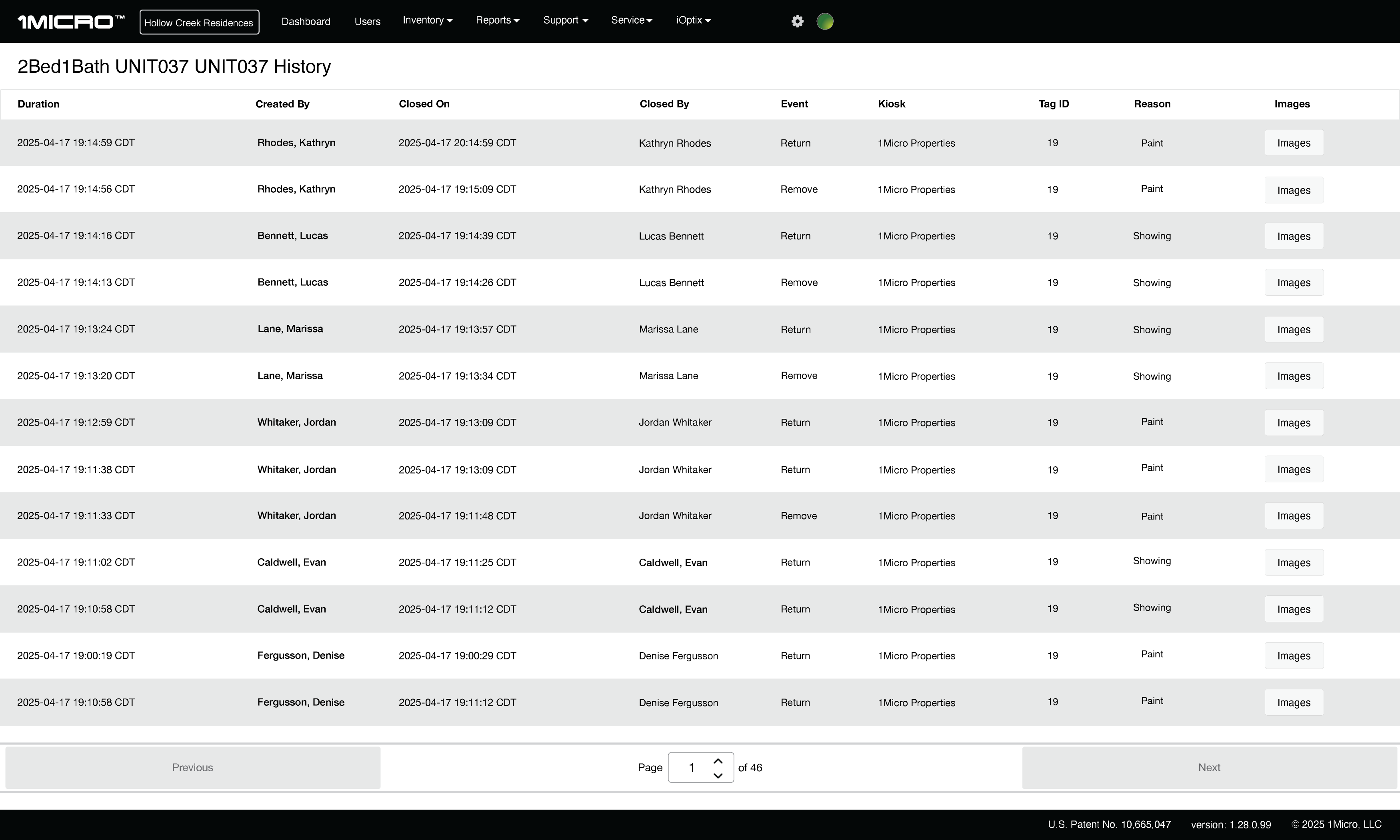 Audit trail dashboard showing history of events for apartment units including timestamps, user names, event types, kiosks, tag IDs, reasons, and image buttons.