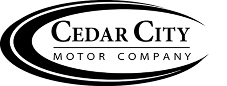 A stylized semi-circle with the words "Cedar City" with a black underline underneath and words below that say "motor company."