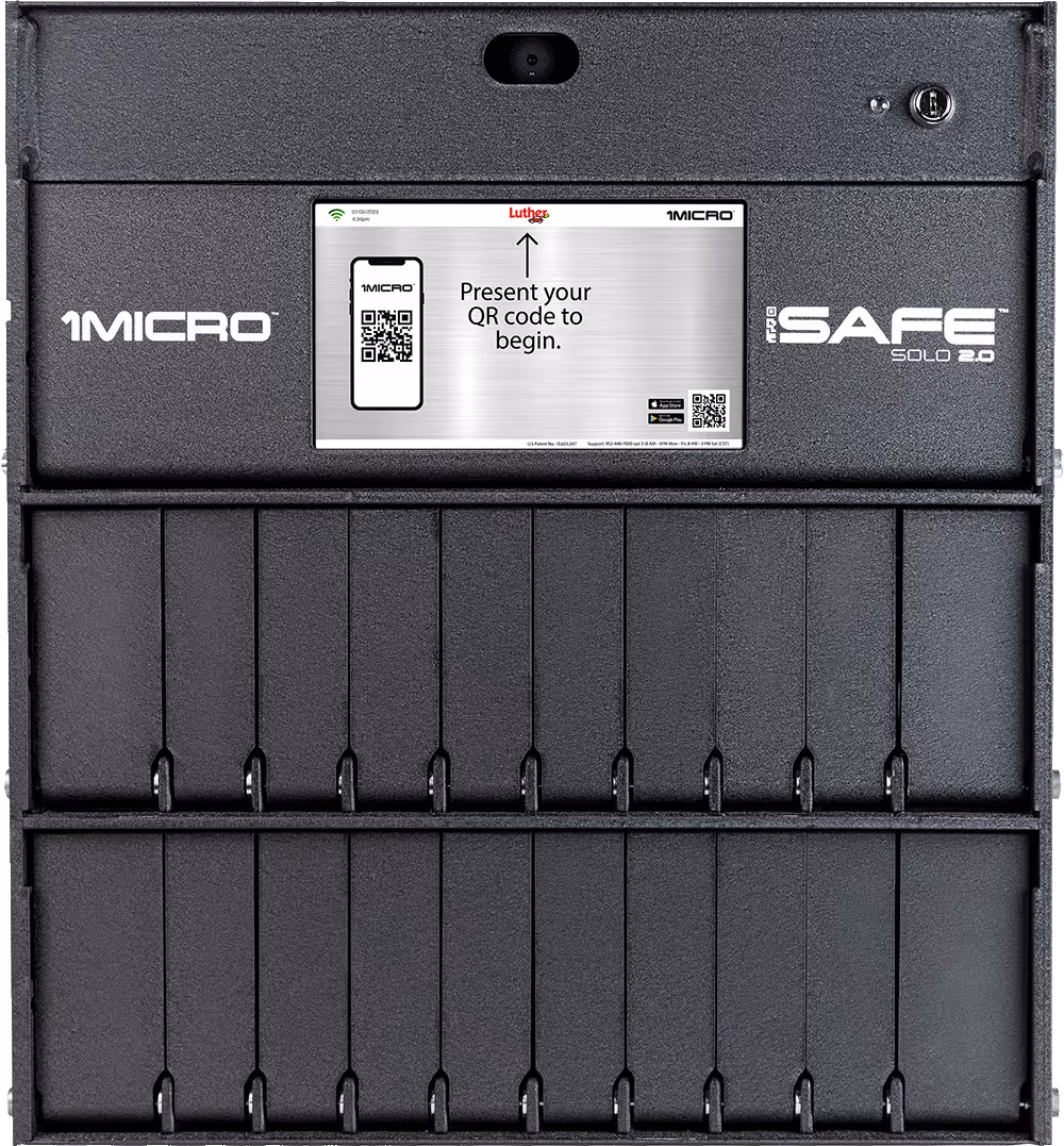 A full view of the iSafe SOLO 2.0 two rows of 10 key slots that are closed, the screen is lit up, with the words "present your QR code to begin."