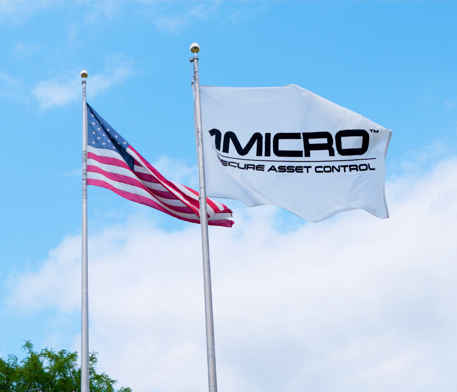 Two flags on poles against a blue sky: the US flag and a white flag reading '1Micro Secure Asset Control'.