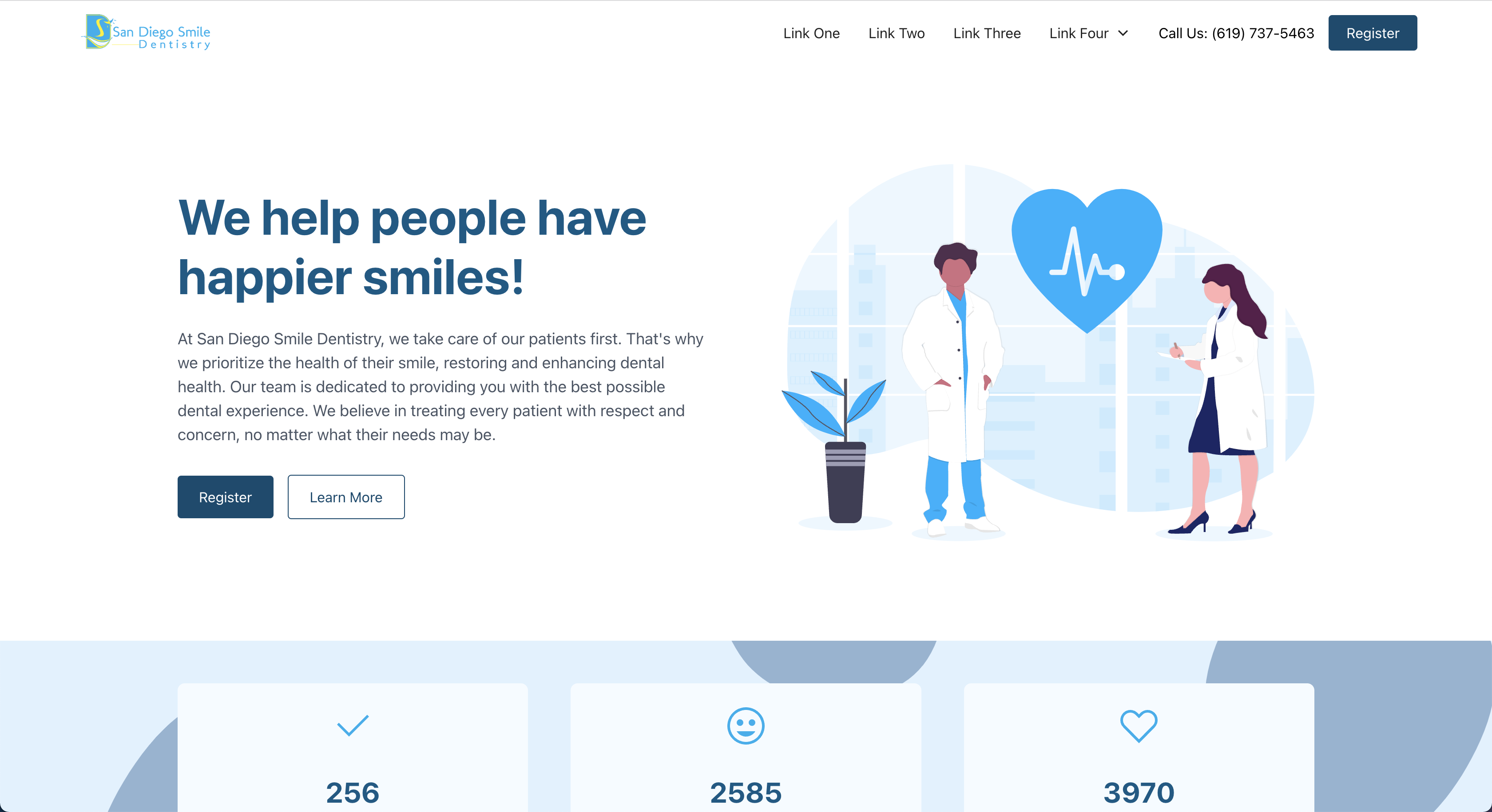 Landing page with blue and white color palette