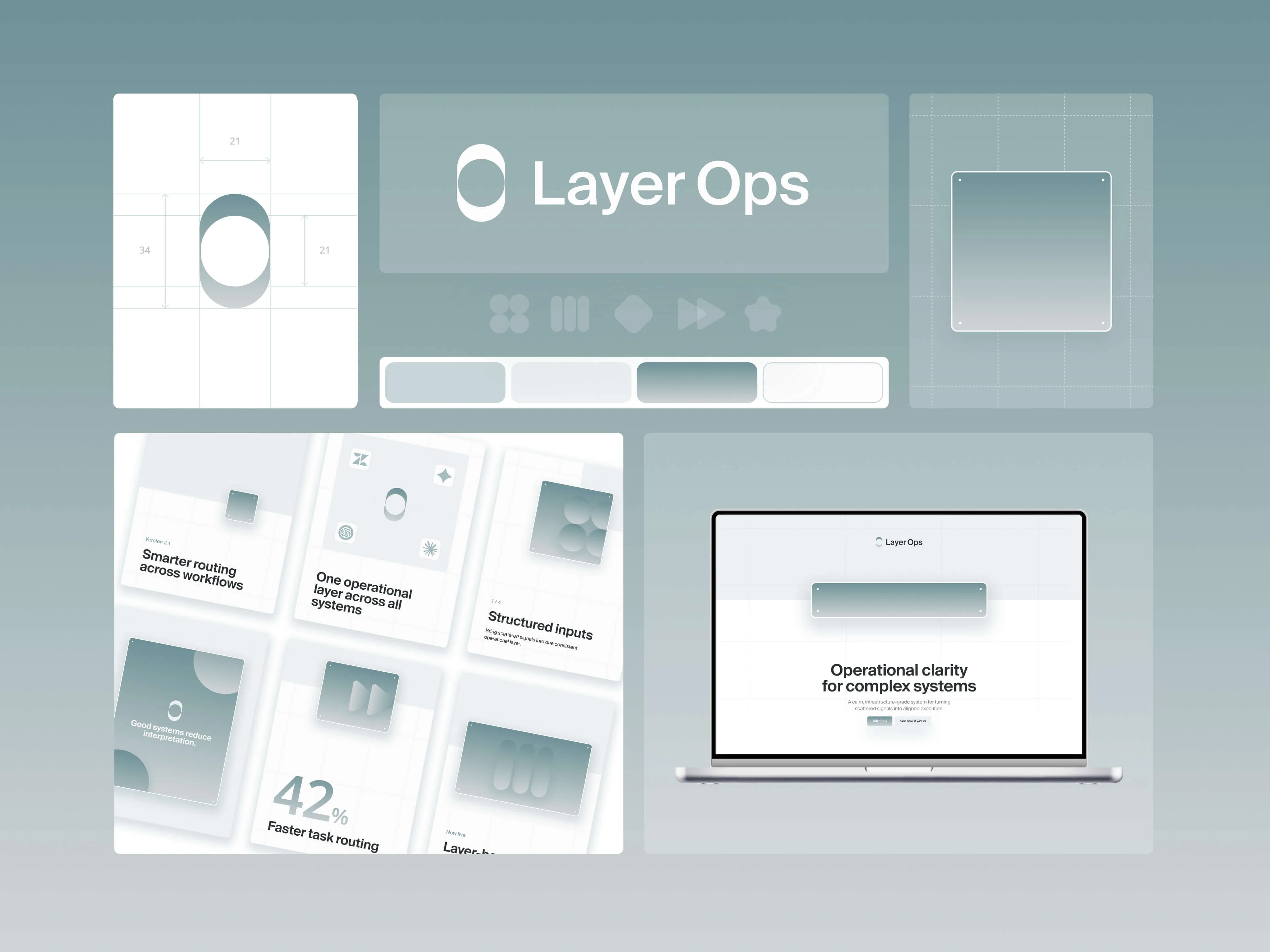 Final overview of the Layer Ops branding system showing logo construction, color, website, social media, and presentation applications.