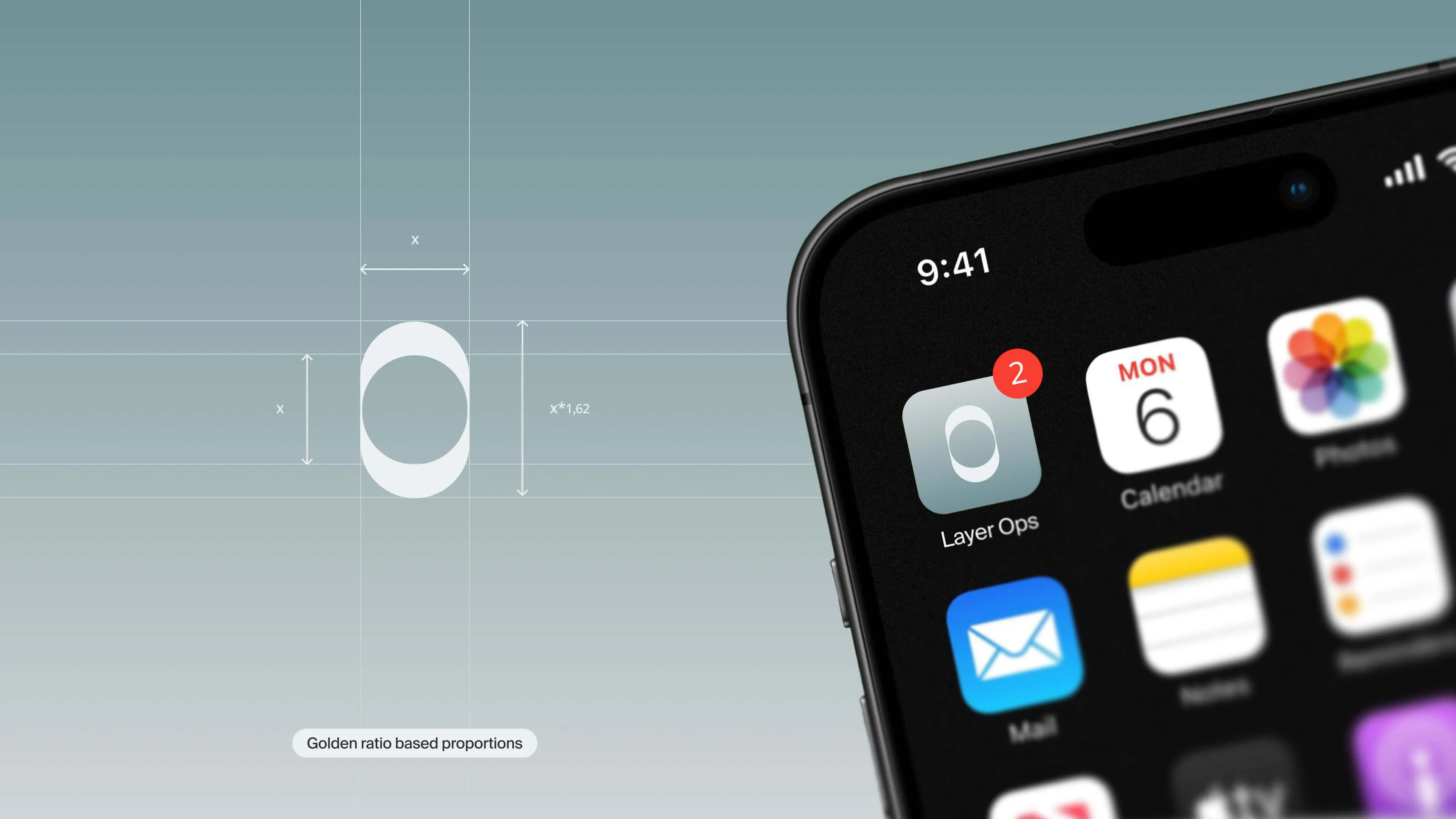 Layer Ops logo construction based on golden ratio proportions, shown alongside an app icon mockup on a smartphone screen.