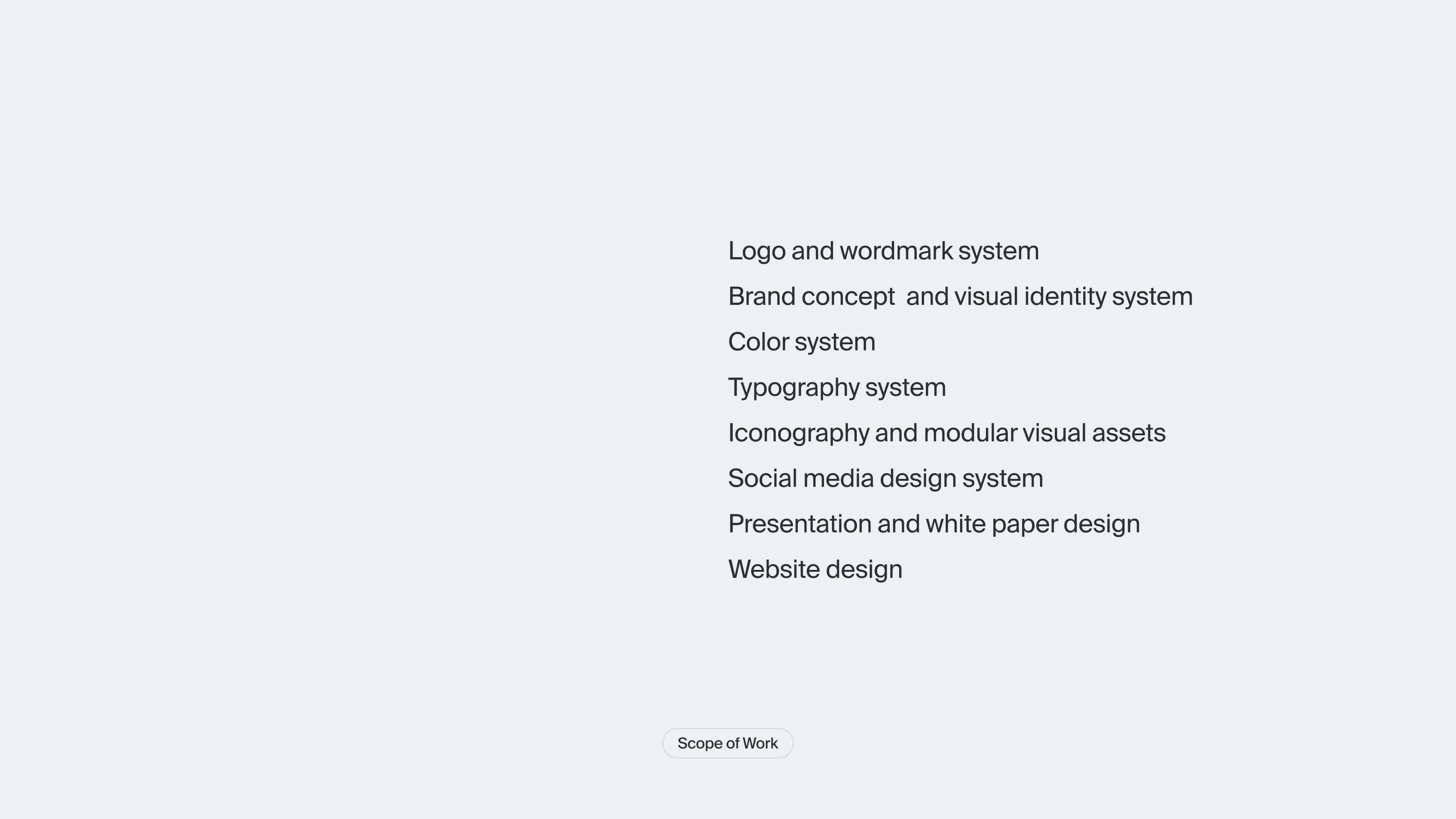 Scope of work for the Layer Ops brand identity project including logo, visual identity, color, typography, website, social media, and presentation design.