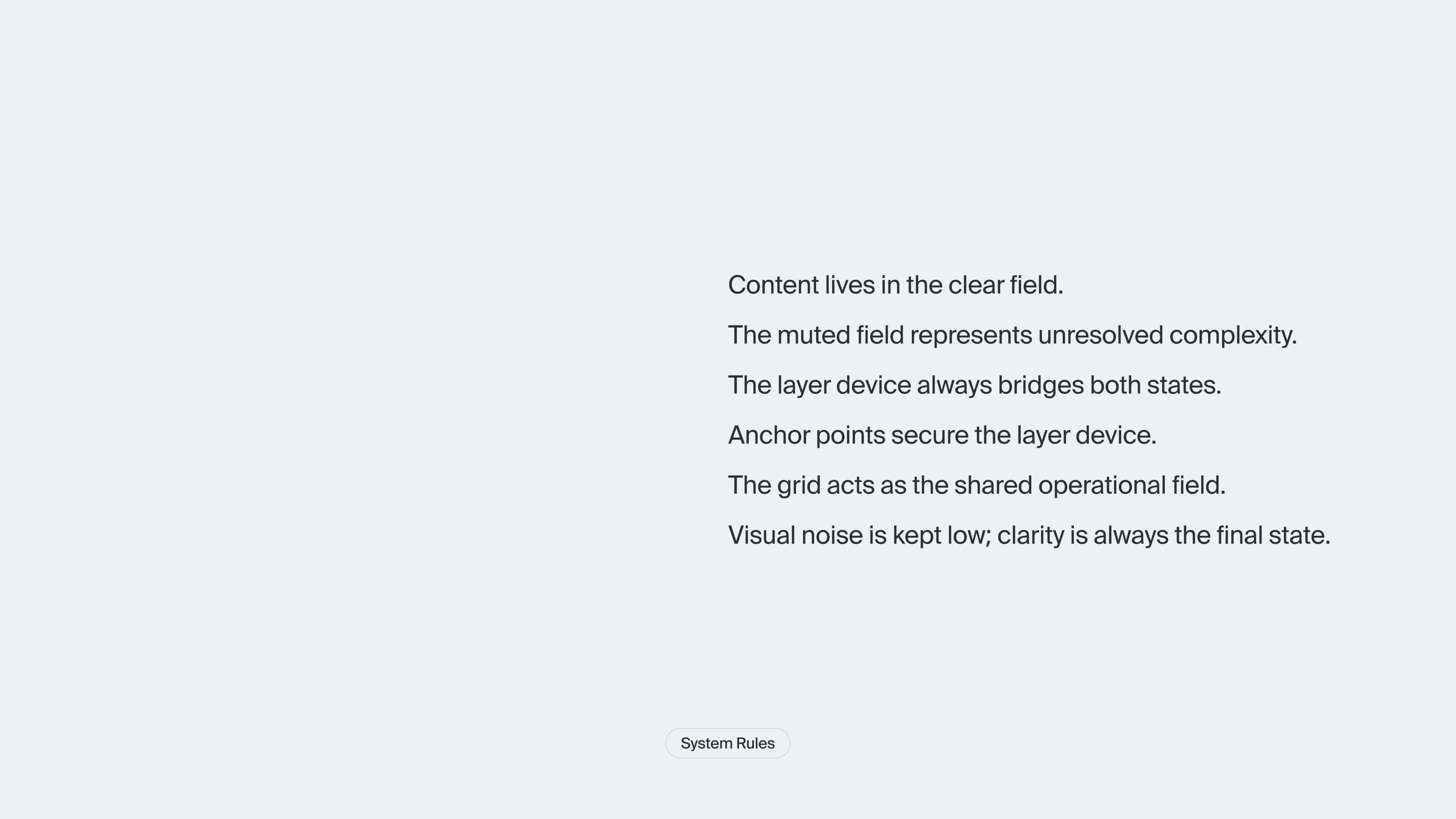 System rules for the Layer Ops visual identity explaining the clear field, muted field, layer device, anchor points, and operational field.