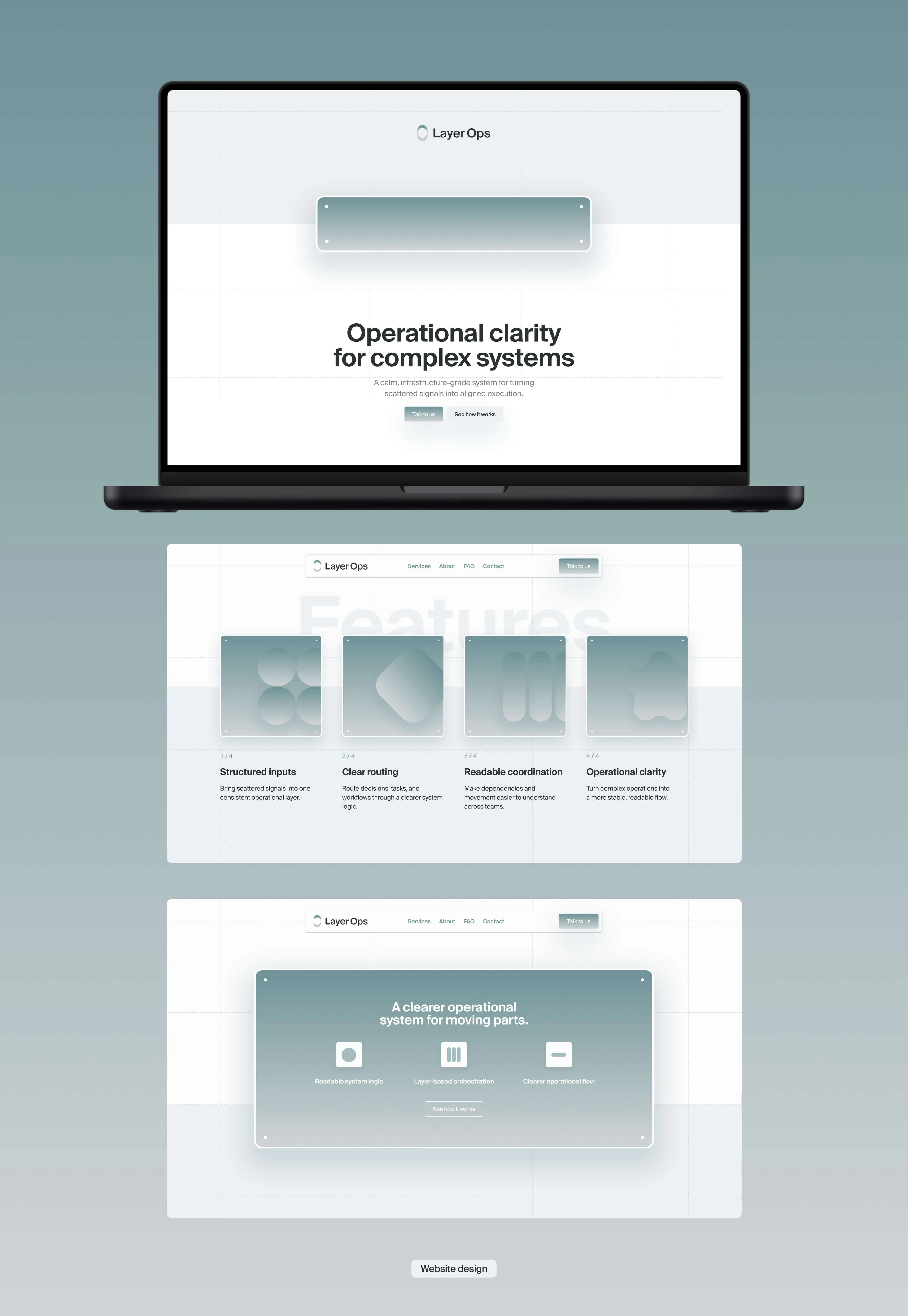 Website design for Layer Ops showing a minimal SaaS homepage, feature cards, and a structured interface for operational clarity.