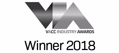 Logo for VIA Vacc Industry Awards with text below reading Winner 2018.