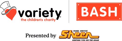 A black background with three logos: on the left, a red heart shape with 'the children's charity' in red text; on the top right, a red rectangular sign with white uppercase letters spelling 'BASH'; on the bottom right, the word 'Sheen' in a stylized orange font with smaller black text below it.