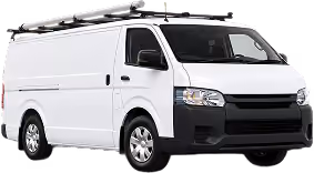 White cargo van with a roof rack carrying a ladder, viewed from front right angle on a white background.