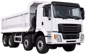 White heavy-duty dump truck with four axles and a large open-box bed for transporting materials.