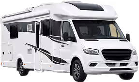 White modern motorhome camper van with black and gray stripes on the side, front windshield, and windows, isolated on a white background.