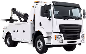 White tow truck with a black towing arm on a white background.