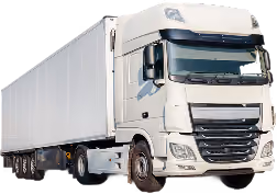 White semi-trailer truck with a large enclosed cargo trailer, viewed from the front right side.