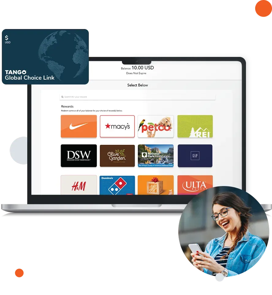 An artistic graphic depicting a smiling person and a computer with gift card options.