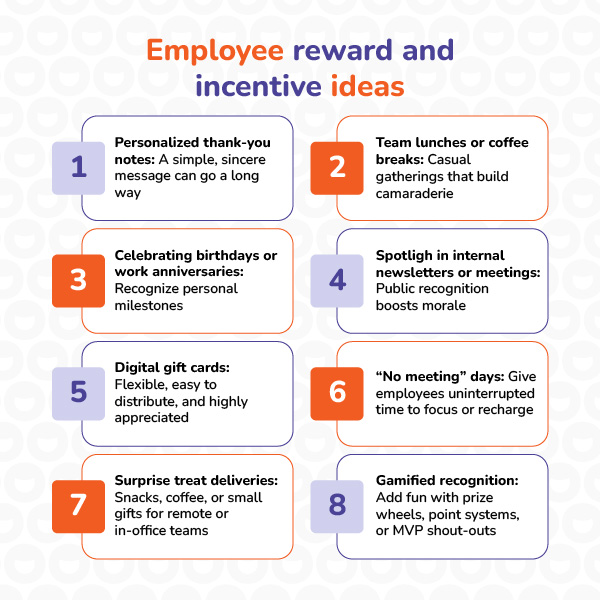 A list of employee reward and incentive ideas meant to answer the question: What are the best employee recognition programs?