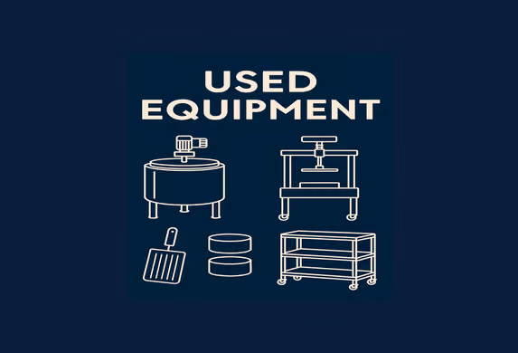 Navy graphic headed Used Equipment with white line drawings of a cheese vat, press, moulds and drying racks.