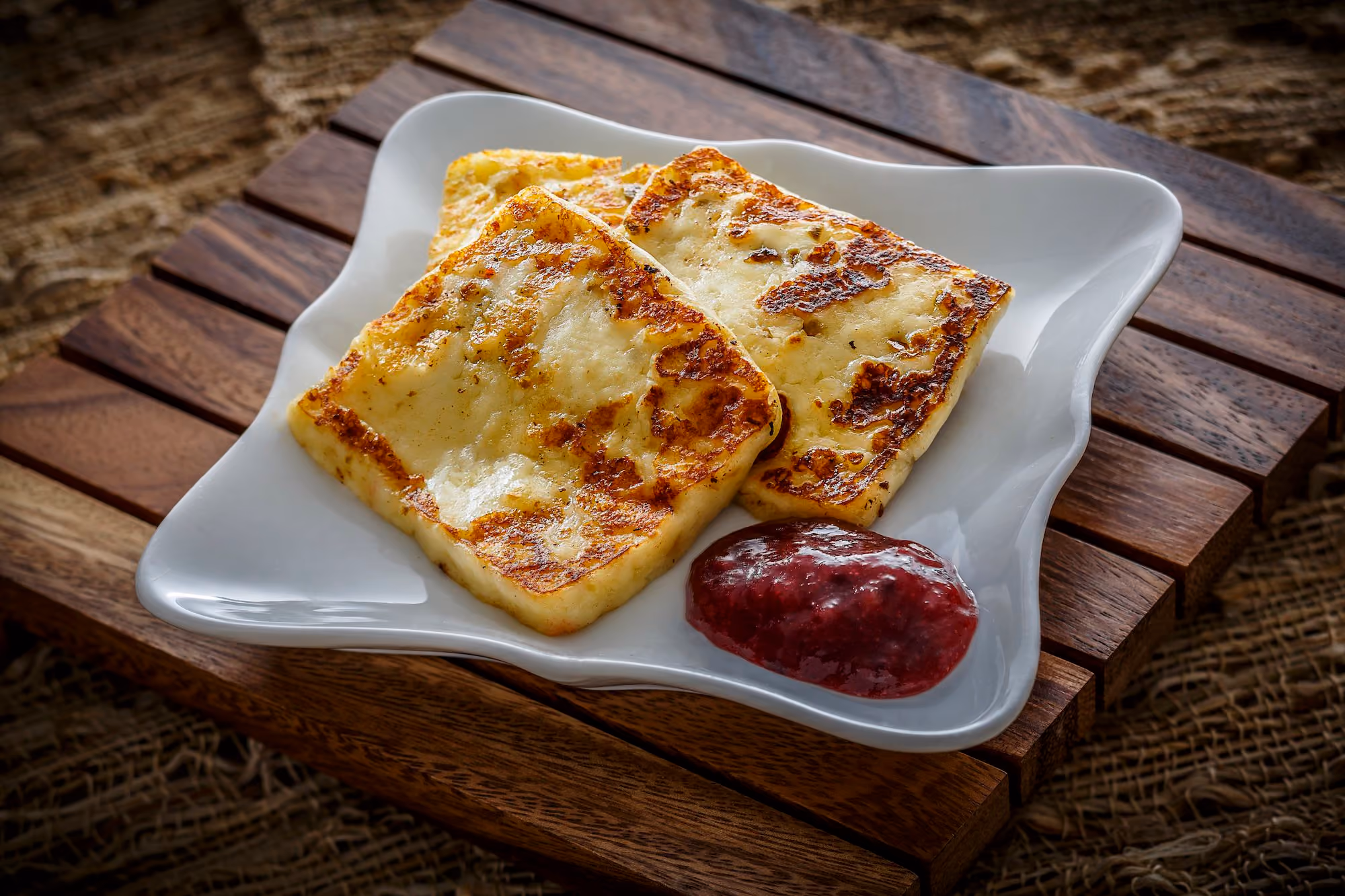 Three squares of pan-fried Juustoleipa with fresh rhubarb jam on a white square plate. 