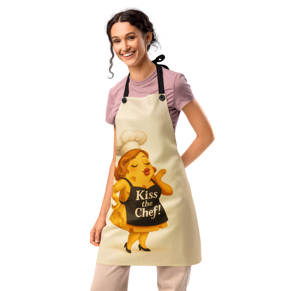 Bring a little flirty, retro cheese energy to your kitchen with the Cheese Trail “Kiss The Chef Apon”—a cream-toned, one-sided printed apron featuring the “Kiss the Chef!” cheese character artwork.