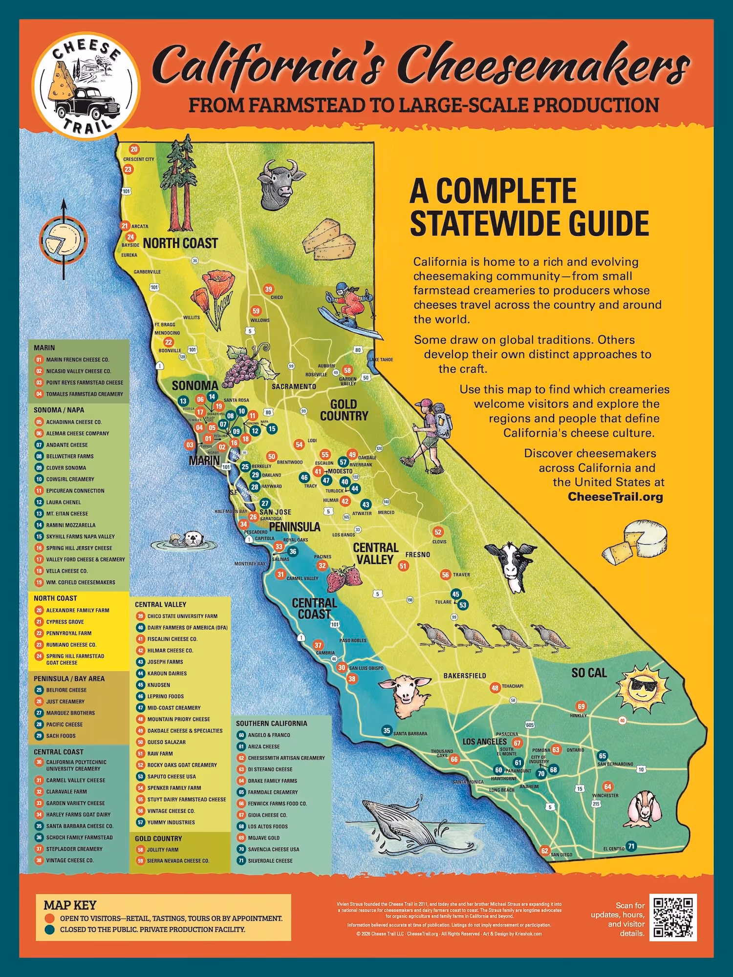 California’s Cheesemakers poster: 18 x 24 unframed map featuring 71 cheesemakers and 42 public creameries across California.