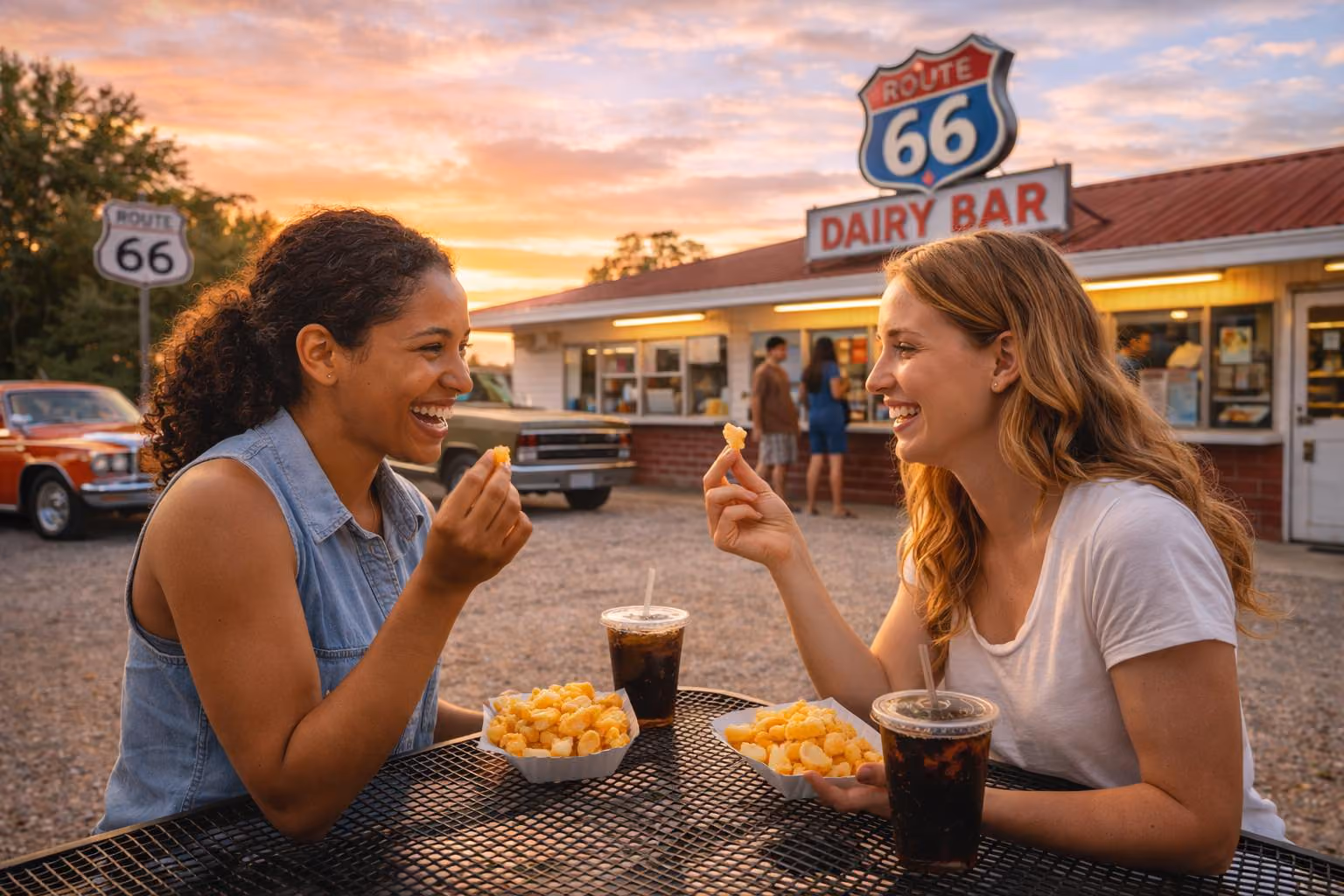 Two women laughing and eating cheese curds at an outdoor table in front of the Route 66 Dairy Bar at sunset.