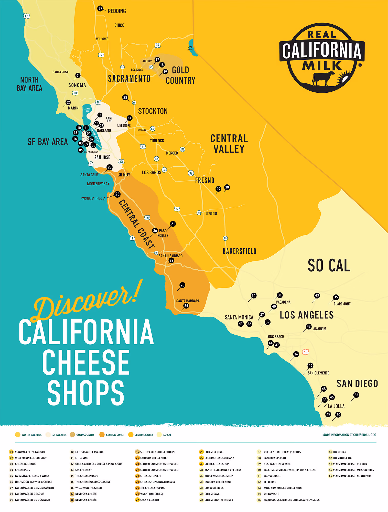 Explore 50 independent cheese shops across California with this free downloadable guide, created in partnership with Real California Milk.