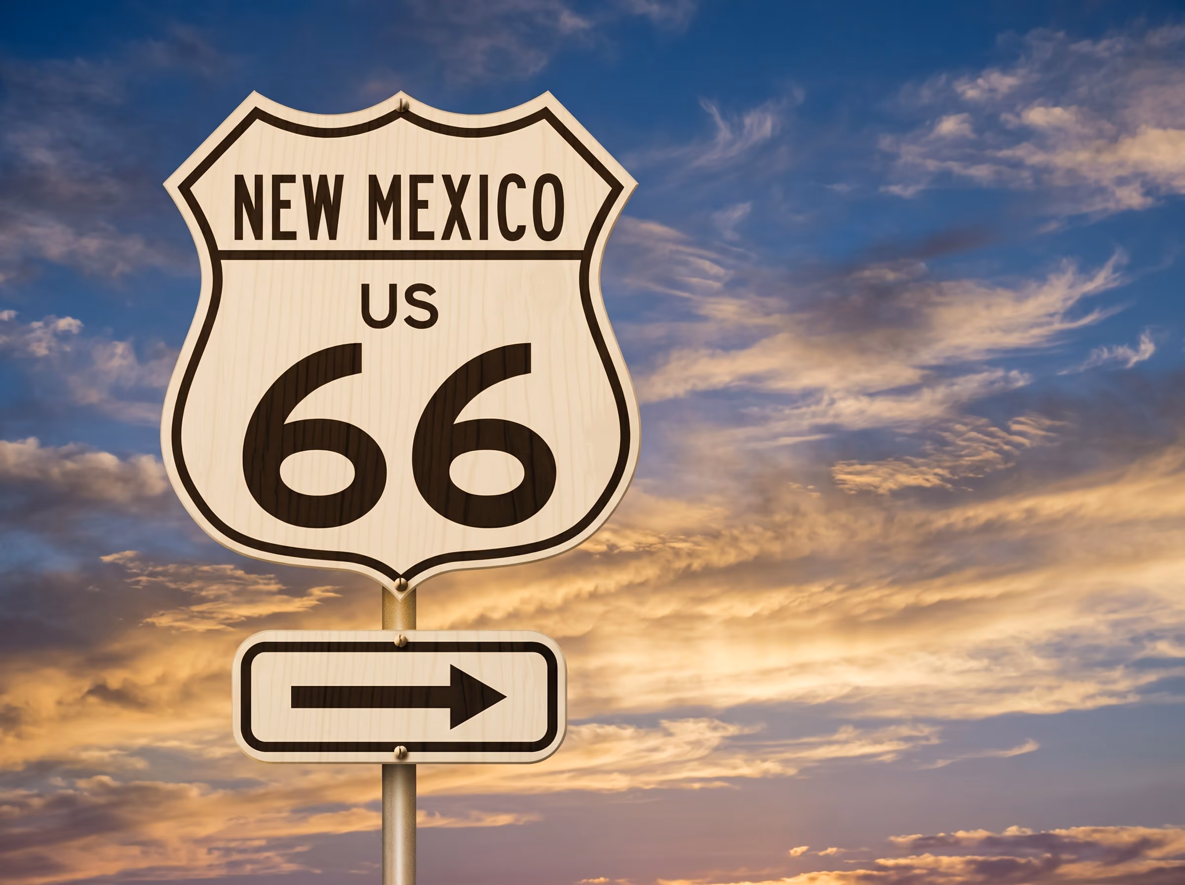 A white shield-shaped highway sign reading "NEW MEXICO US 66" mounted above a rectangular sign with a right-pointing black arrow. The signs are attached to a metal post and set against a dramatic sunset sky filled with golden, orange, and blue clouds.