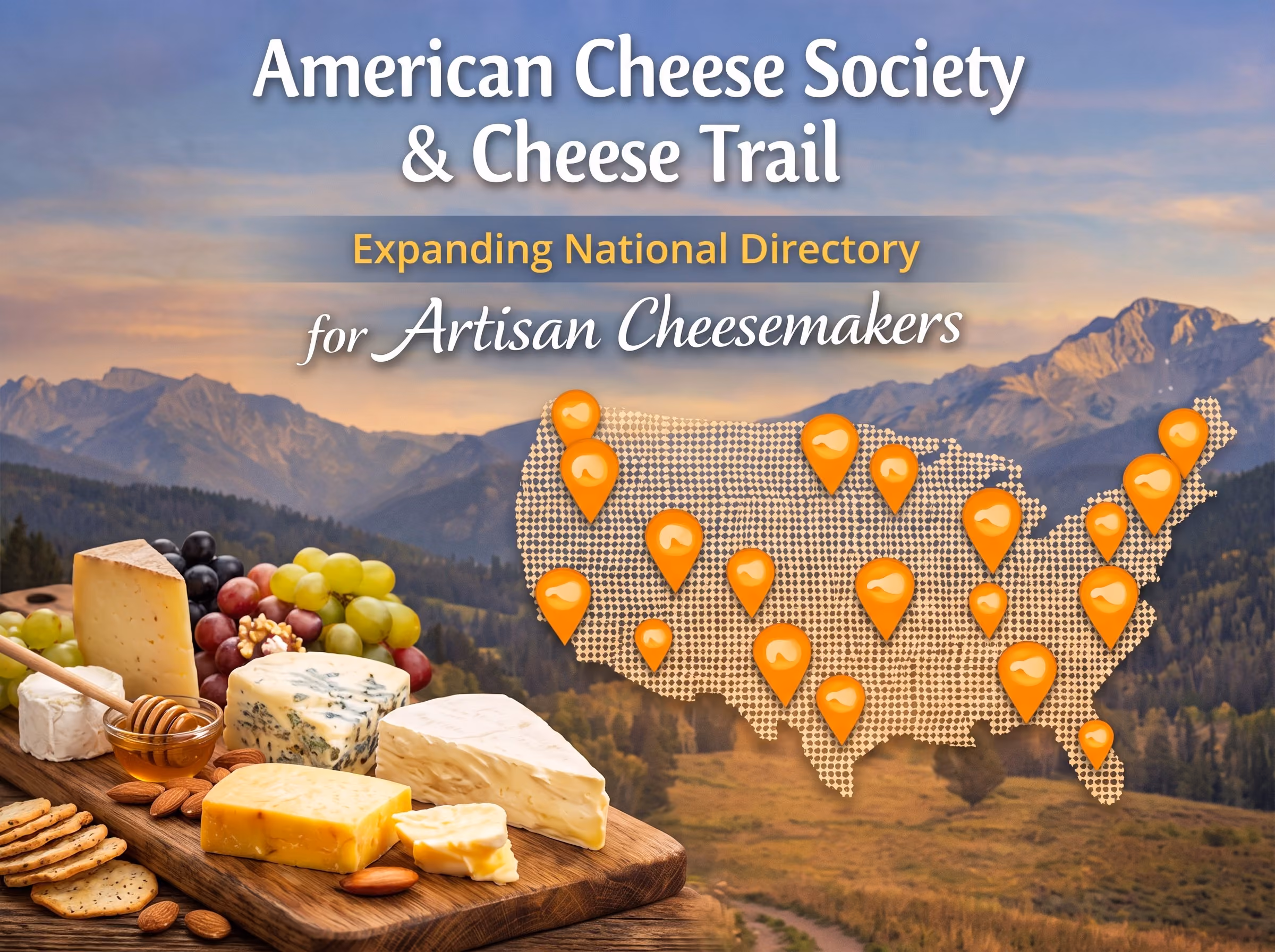 An infographic set against a scenic mountain landscape at sunset. On the bottom left, a wooden cheese board holds various artisanal cheeses, grapes, honey with a dipper, nuts, and crackers. On the right, a dotted map of the United States is covered in small orange location pins with a stylized person icon, representing a national network. In the upper left, multiple lines of text read: "American Cheese Society & Cheese Trail" in large white letters, "Expanding National Directory" in smaller orange text, and "for Artisan Cheesemakers" in white script.