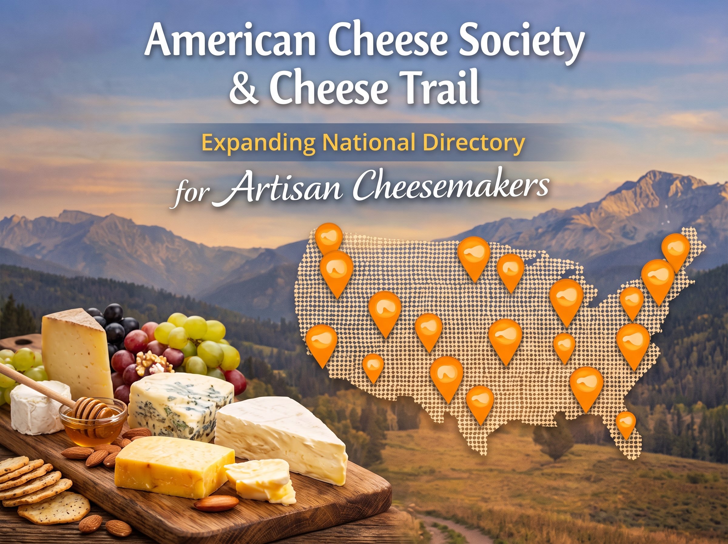 An infographic set against a scenic mountain landscape at sunset. On the bottom left, a wooden cheese board holds various artisanal cheeses, grapes, honey with a dipper, nuts, and crackers. On the right, a dotted map of the United States is covered in small orange location pins with a stylized person icon, representing a national network. In the upper left, multiple lines of text read: "American Cheese Society & Cheese Trail" in large white letters, "Expanding National Directory" in smaller orange text, and "for Artisan Cheesemakers" in white script.