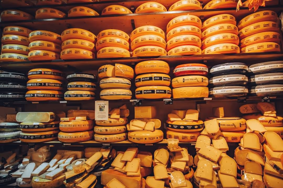 Shelves filled with large rounds and cut pieces of cheese in a cheese shop.
