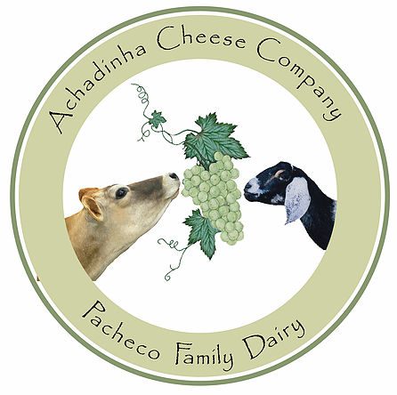 Achadinha Cheese Company Logo. Shows a cow and goat facing eachother with some grapes in between.