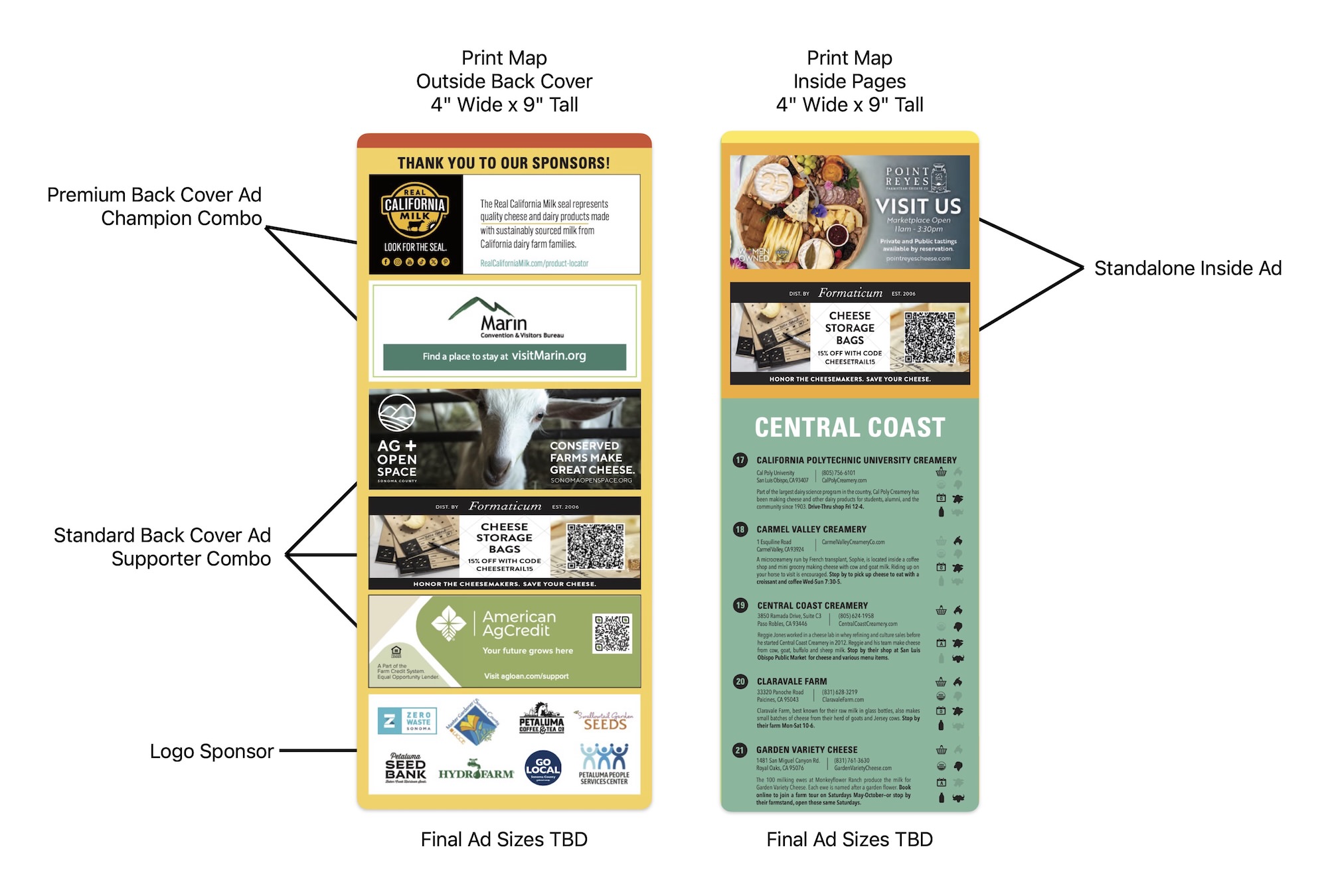 Alt-text: a sample of the cheese trail print map, showing the back page and inside page mockups for ad placement visualization. This is decorative.