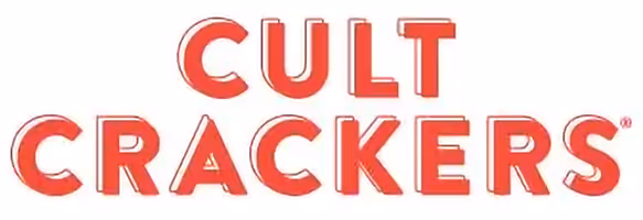 Red text logo reading Cult Crackers on white background.