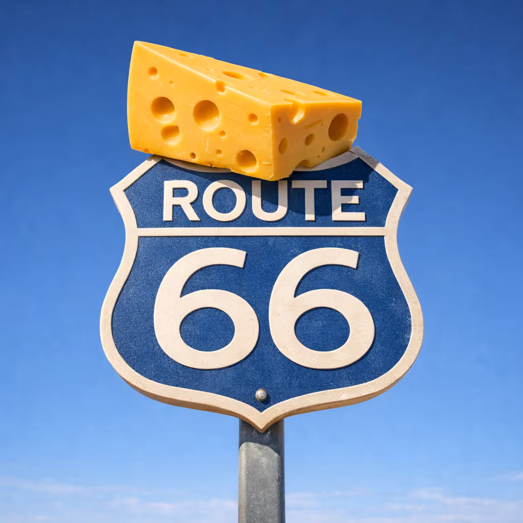 Blue and white Route 66 road sign with a large wedge of yellow Swiss cheese placed on top against a clear blue sky.