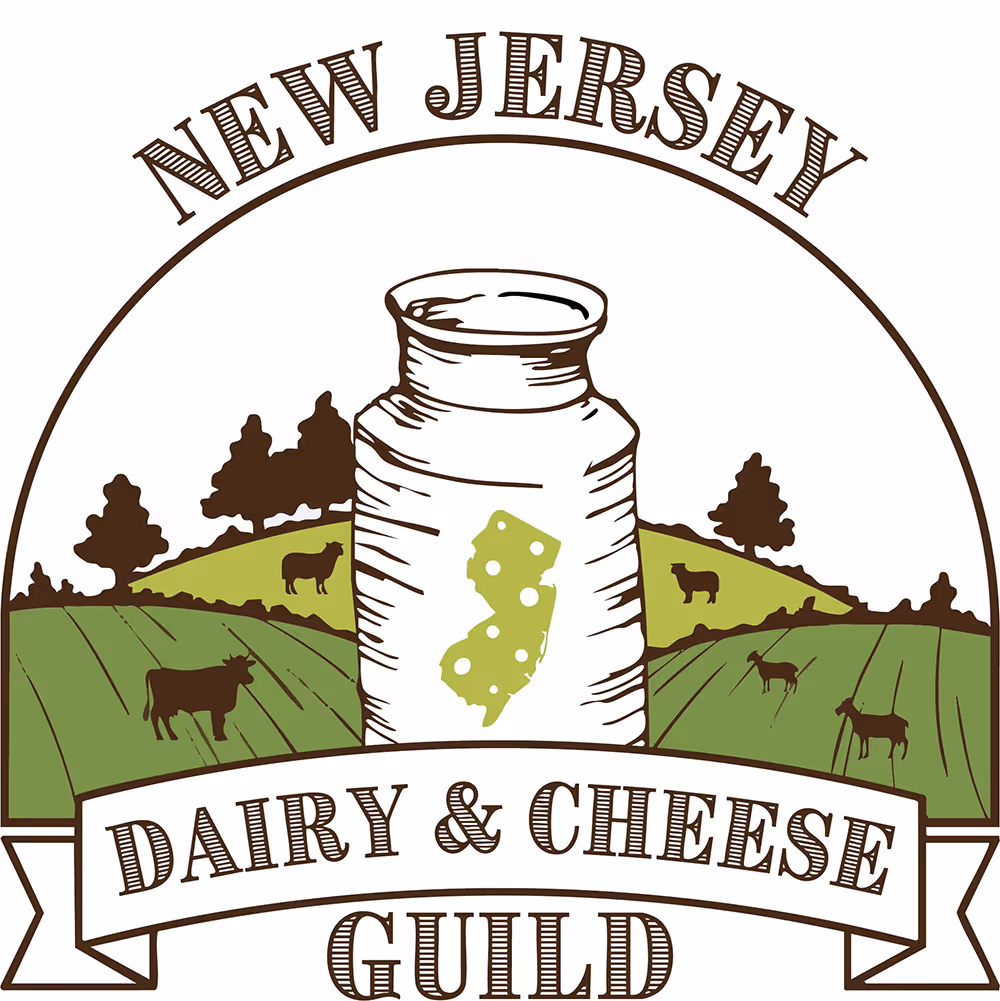 Logo of New Jersey Dairy & Cheese Guild with milk can, state outline with cheese holes, cows, and green farm fields.
