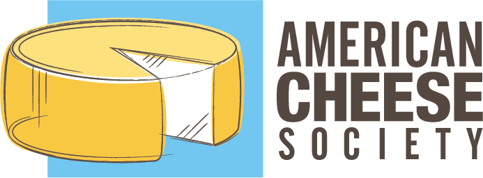 Illustration of a yellow wheel of cheese with a wedge cut out next to the text 'American Cheese Society'.