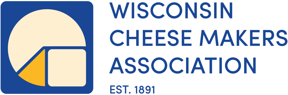 Wisconsin Cheese Makers Association logo: a blue square holding a pale wedge and block of cheese, beside the association name in blue capitals above the line EST. 1891.
