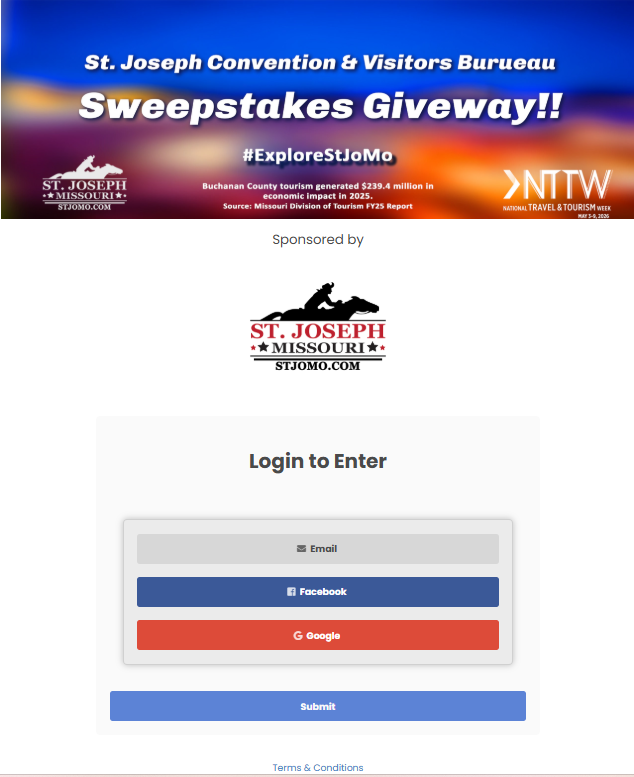 St. Joseph CVB sweepstakes giveaway login-to-enter page reached by scanning the on-screen QR code