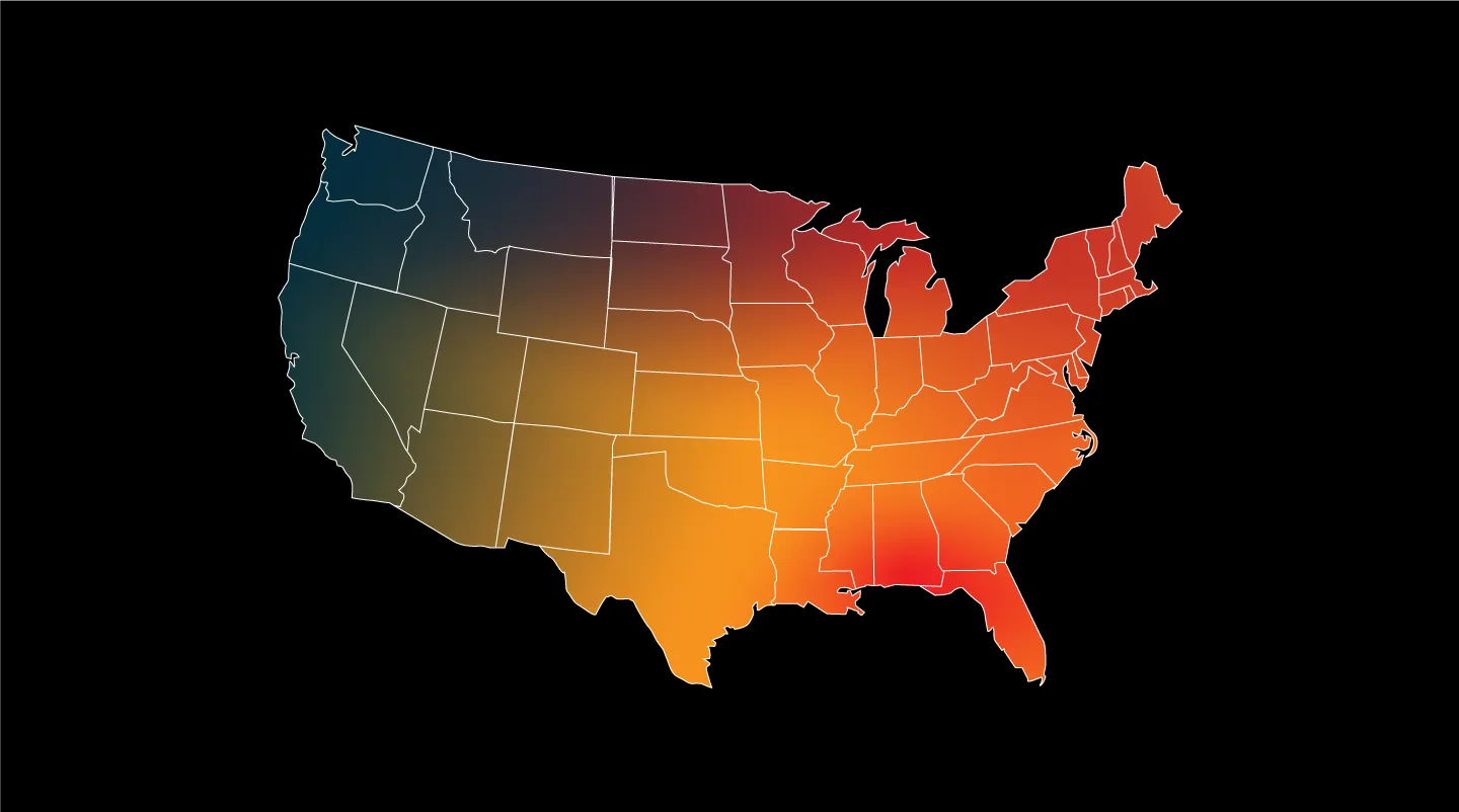 Map of the United States with a gradient color overlay transitioning from blue in the northwest to red in the northeast and southeast.