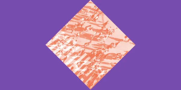 Overhead view of people walking on a crosswalk with shadows cast on adjacent pavement in a diamond frame on a purple background.