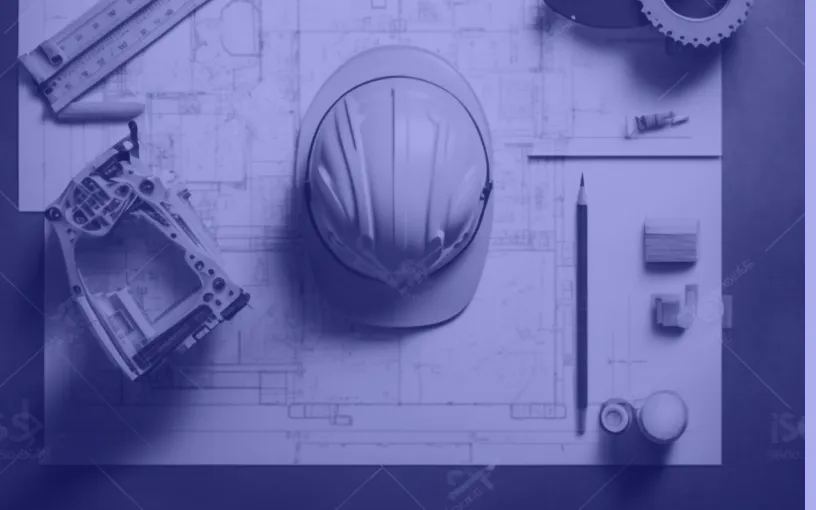 Construction helmet centered on architectural blueprints surrounded by a pencil, ruler, mechanical parts, and building model.