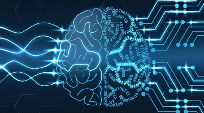 Digital illustration of a human brain with one side composed of binary code and connected circuits, symbolizing artificial intelligence and technology.