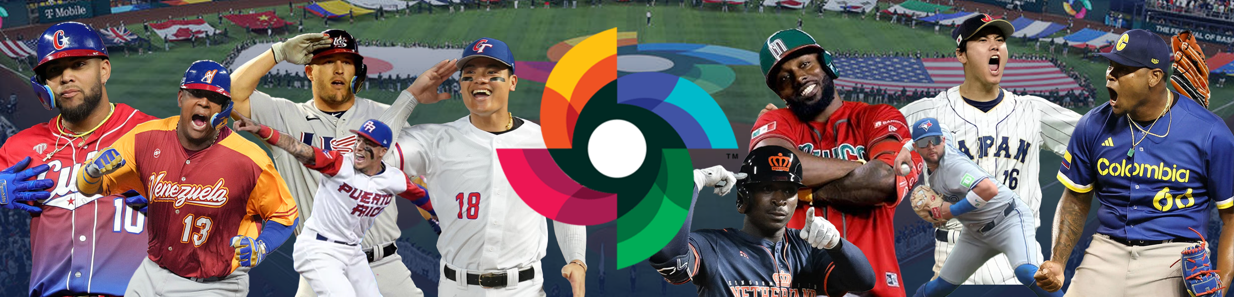2026 World Baseball Classic preview image with Shohei Ohtani, Mike Trout, Yu Chang, Randy Arozarena, Didi Gregorius, Javier Baez and Bo Bichette