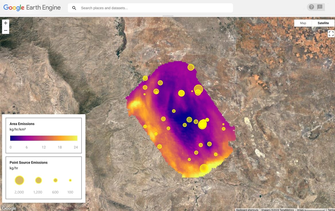 Graphical representation of MethaneSat's area-wide and point-source methane detection capabilities
