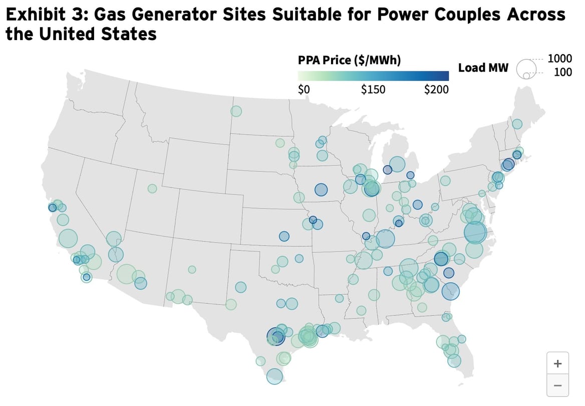 Map of U.S. peaker plant sites that could support nearby clean energy and data center loads