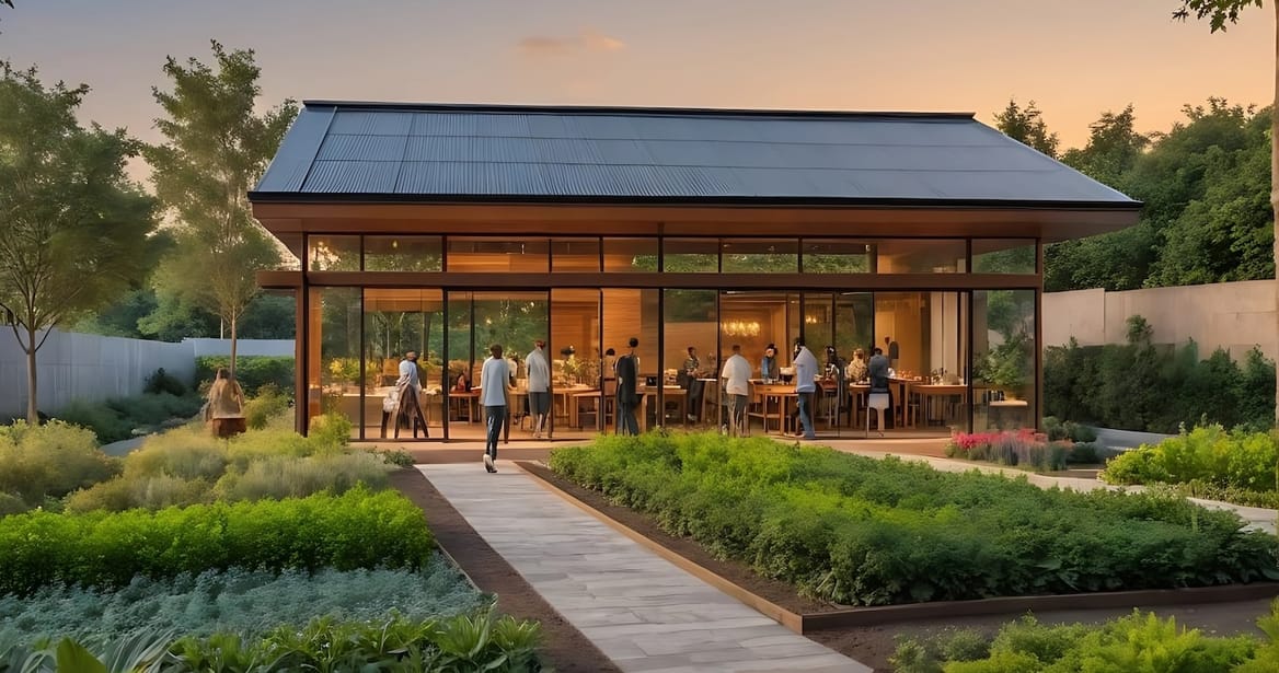 A building with transparent walls is filled with people, tables, and chairs. The building is surrounded by gardens in bloom.